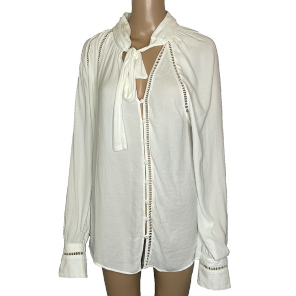 Women's Large Free People White Button Front Bow Polyester Poet Blouse - Picture 1 of 5